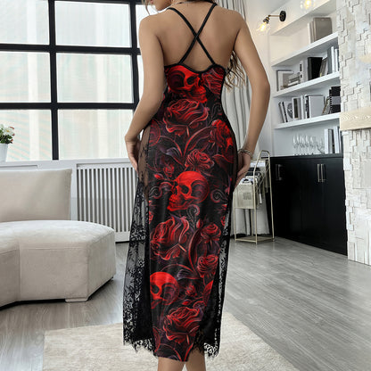 Blood Roses Skull Pattern Women's Lace Cami Sleepwear