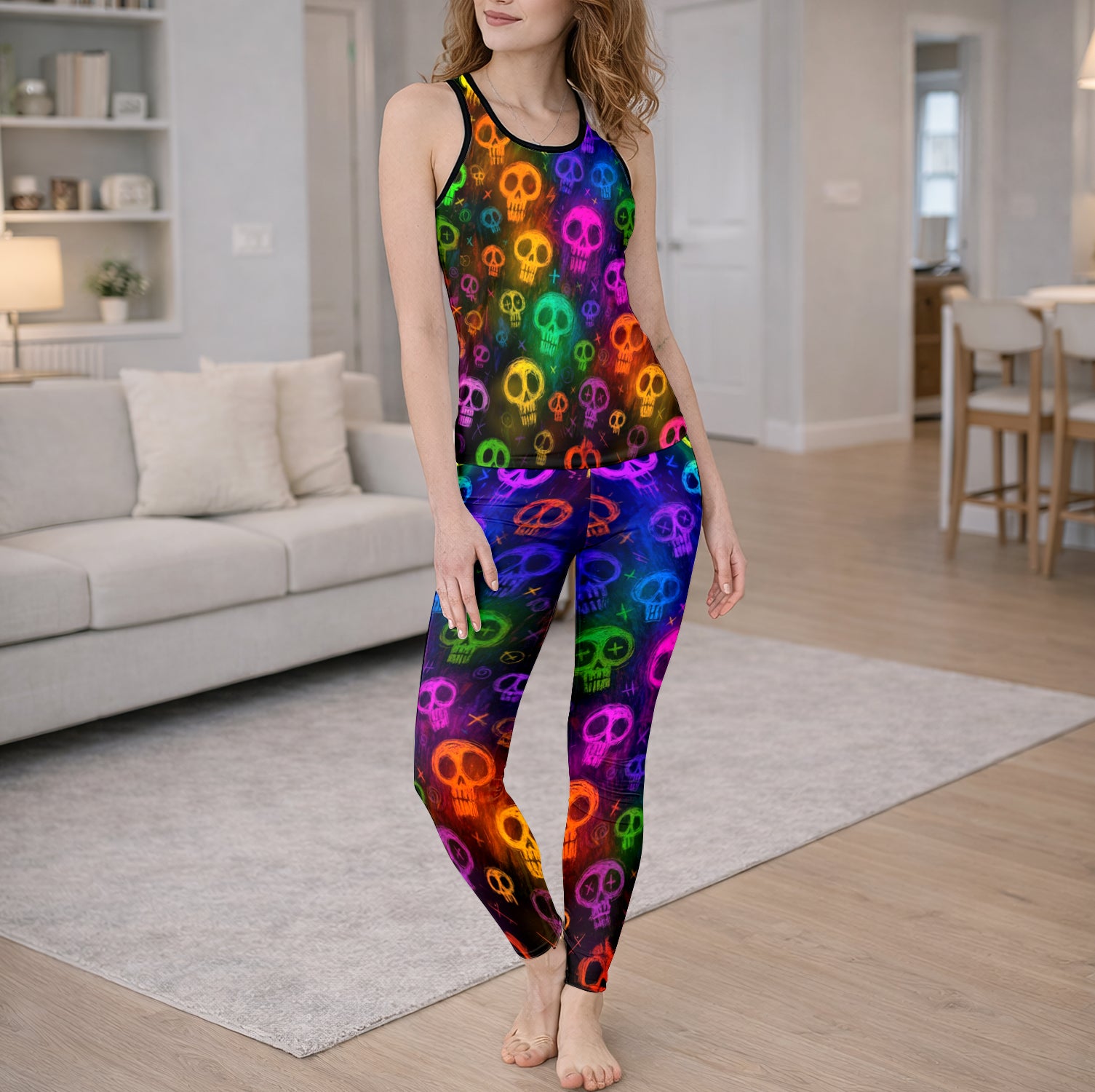 Neon Graffiti Skull Pattern Tanktop and Leggings