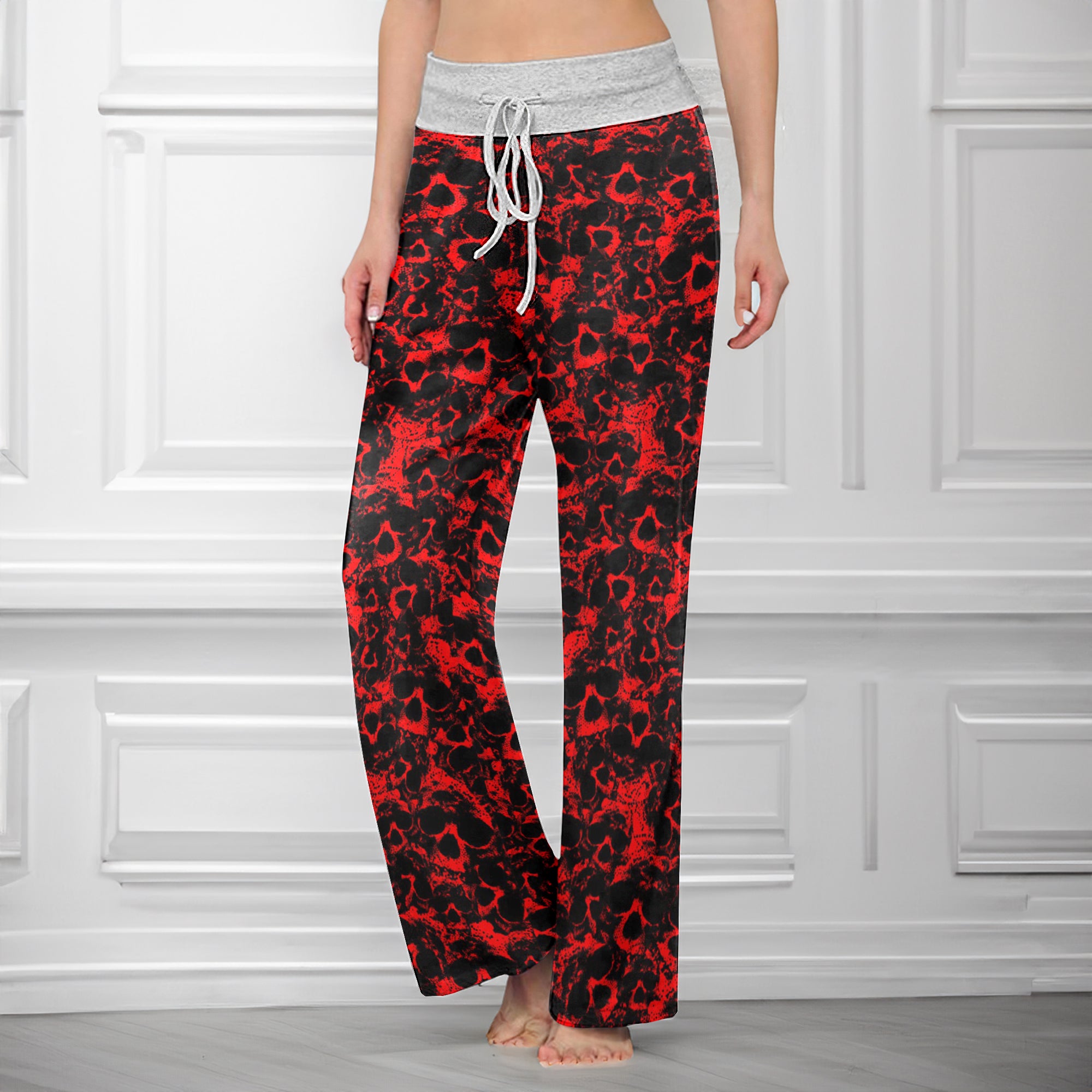Red Skull Pattern Women's High-waisted Wide Leg Pants