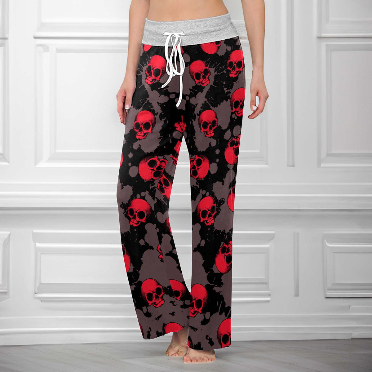 Red Reign Skulls Women's High-waisted Wide Leg Pants