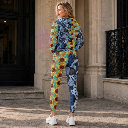 Women Hoodie and Leggings, Blue Night Blooms Pattern Outwear Pants Outfit