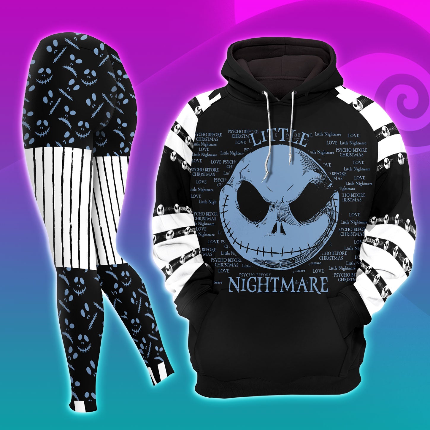Love Nightmare Theme Combo Hoodie and Leggings - Dark and edgy matching set with skull designs for a unique and stylish look.
