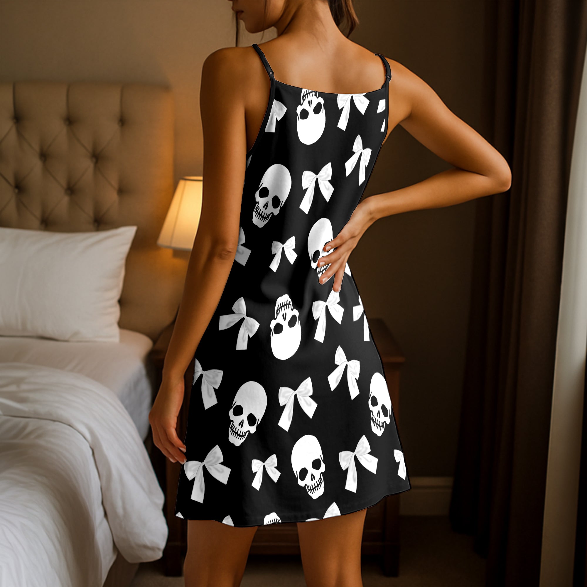 Spooky Ribbon Skull Pattern Short Cami Dress