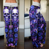Purple Gothic Rose Skull High-waisted Wide Leg Pants - Wonder Skull