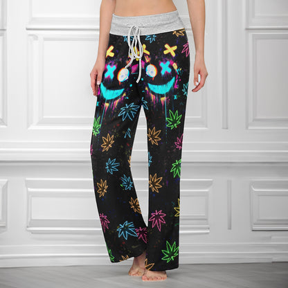 Neon Skull Leaf Art Women's High-waisted Wide Leg Pants