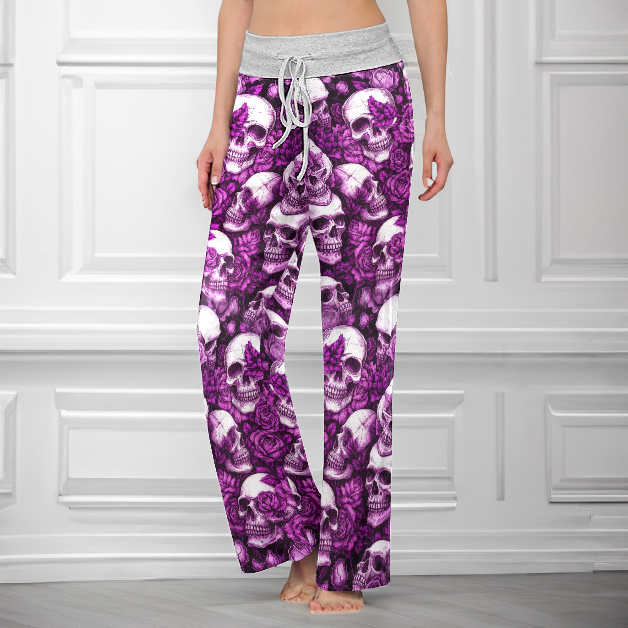 Purple Skull Rose Pattern Women's High-waisted Wide Leg Pants