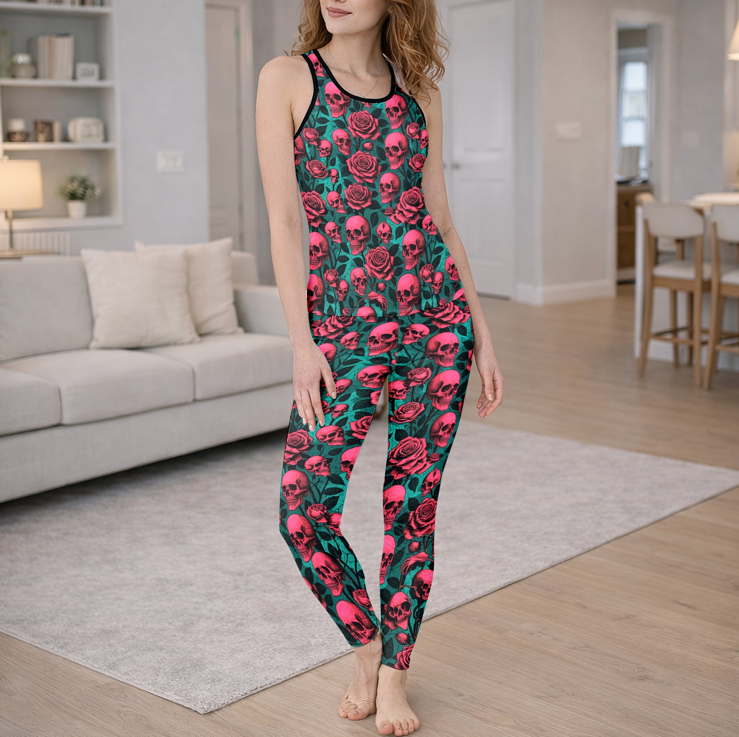 Gothic Pink Skull Pattern Tanktop and Leggings