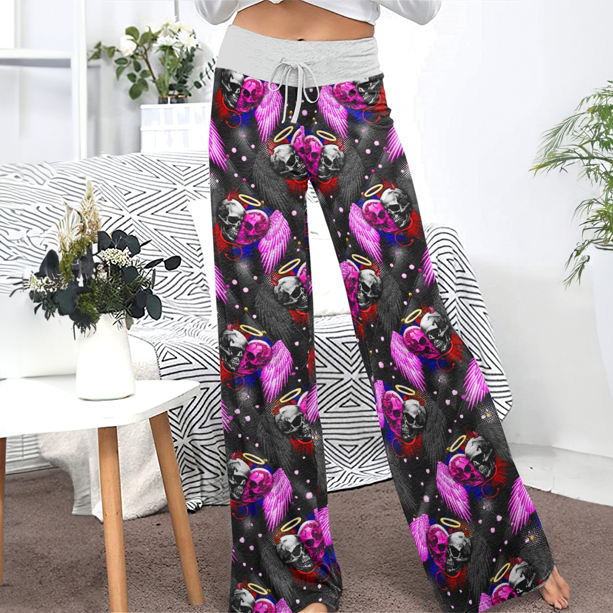 Dark Romance Skull Wings Women's High-waisted Wide Leg Pants
