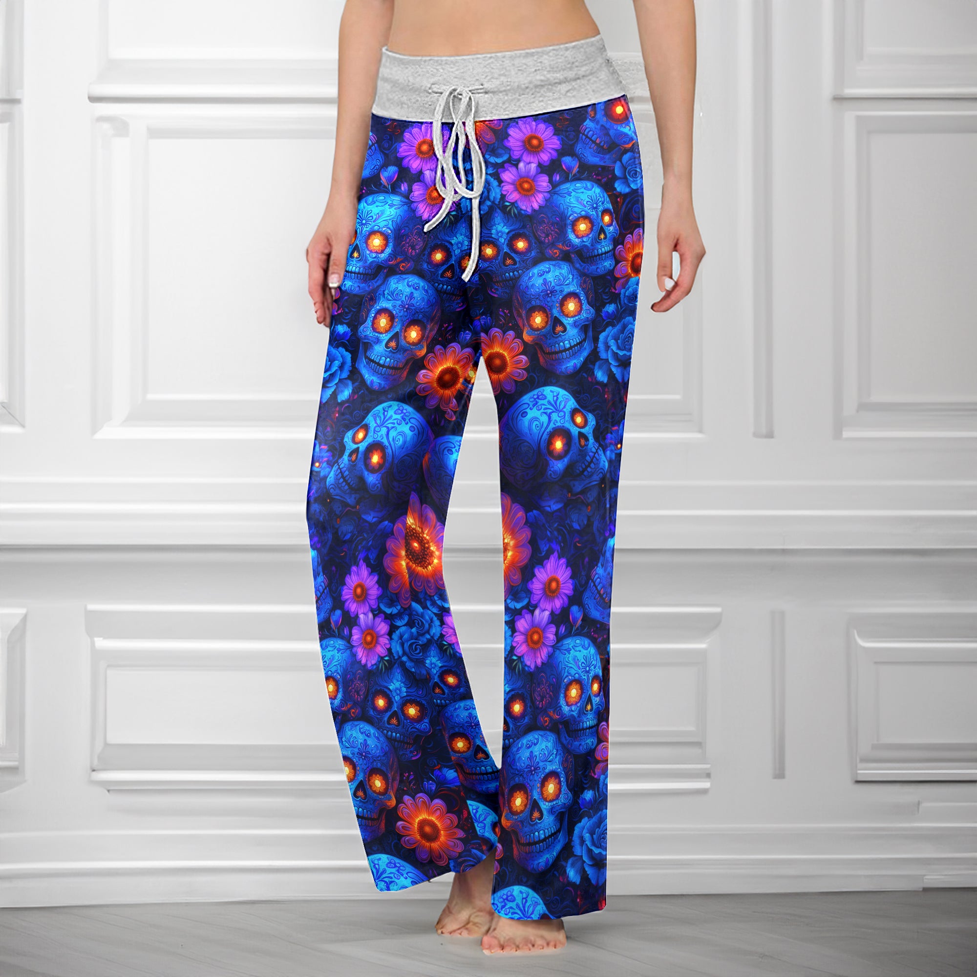 Blue Skull Pattern Women's High-waisted Wide Leg Pants