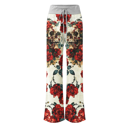 Retro Skull Roses Women's High-waisted Wide Leg Pants | Wonder Skull