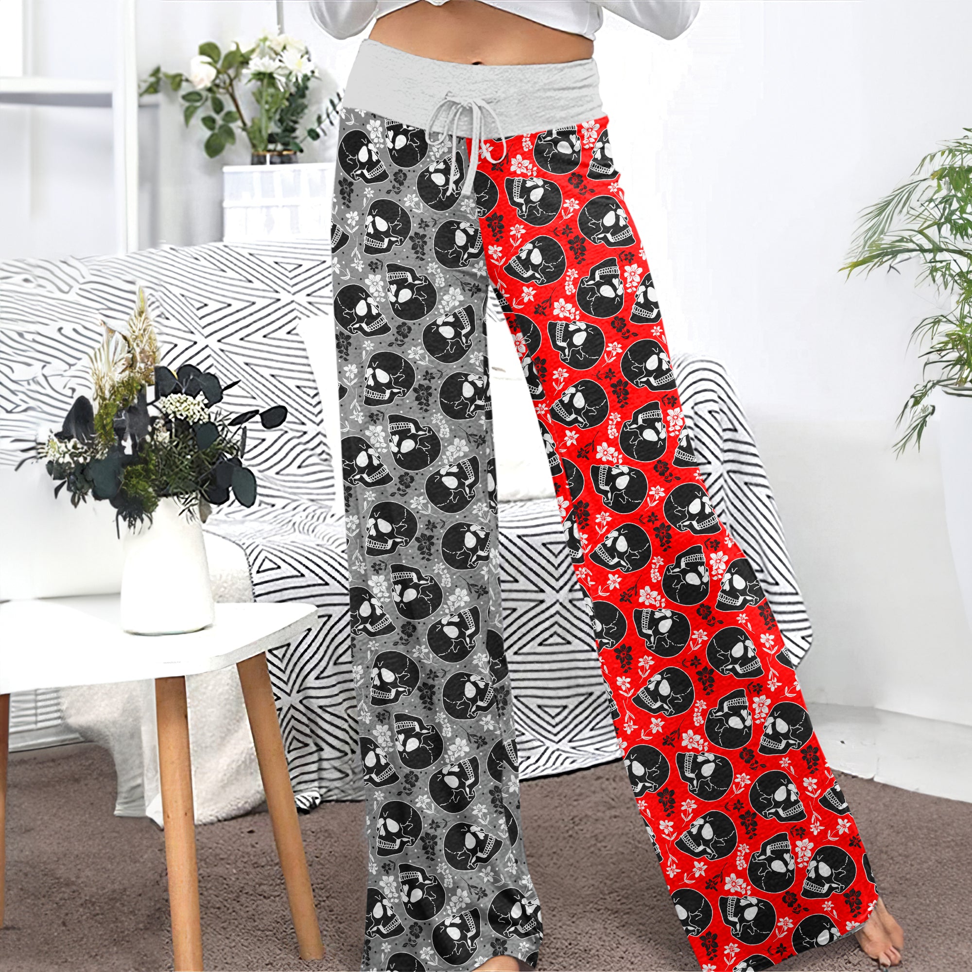 Red Retro Skull Bloom Women's High-waisted Wide Leg Pants