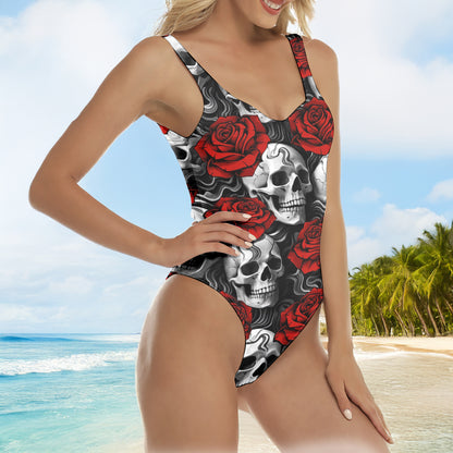 One Piece Bikini Velvet Shadow Skull Rose Print Swimwear