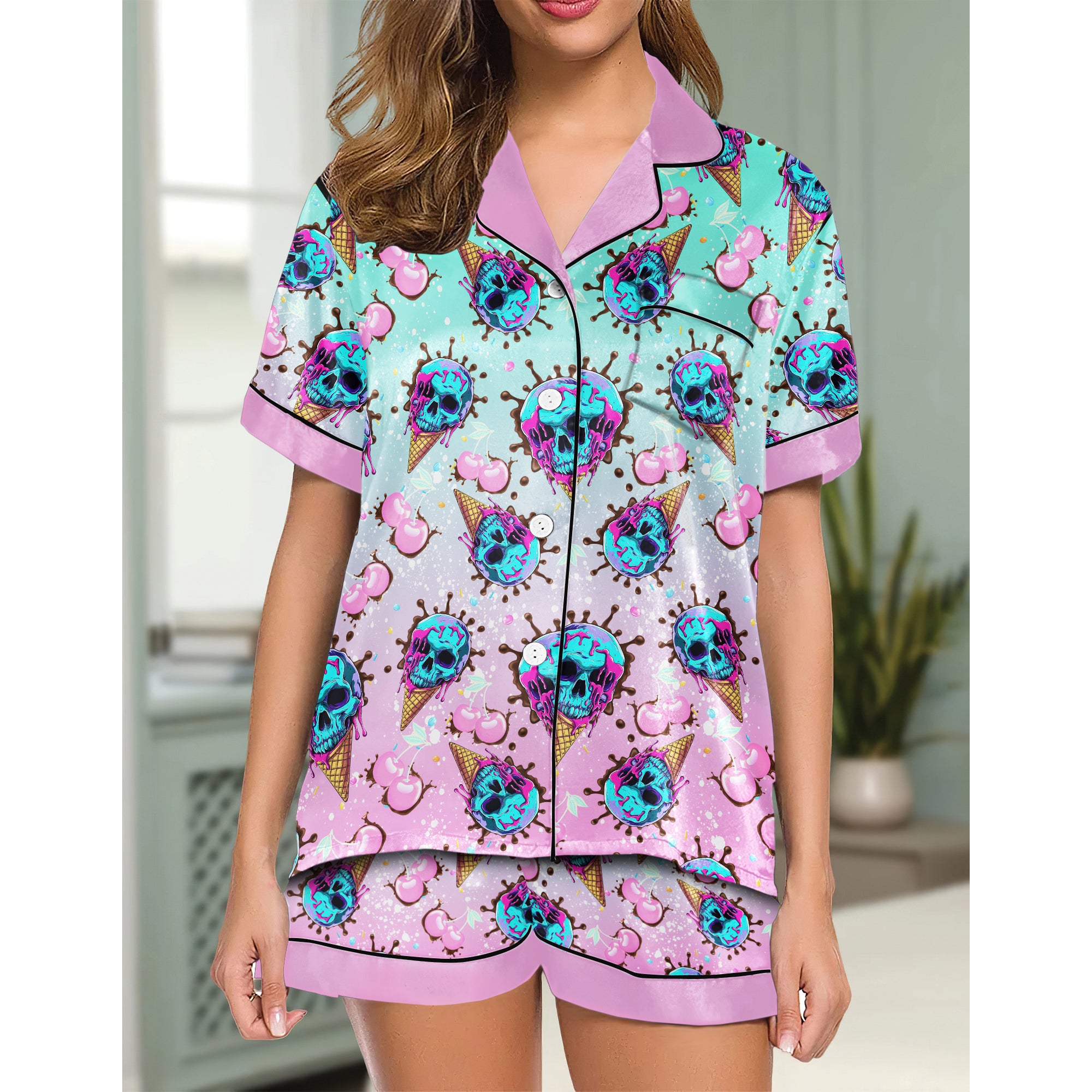 Chic and stylish women's pajama set with unique design prints and statement sleeves, Soft and luxurious fabrics make this pajama set perfect for bedtime or lounging at home.