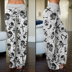 Grey Skull Cross Gothic Women's High-waisted Wide Leg Pants | Wonder Skull