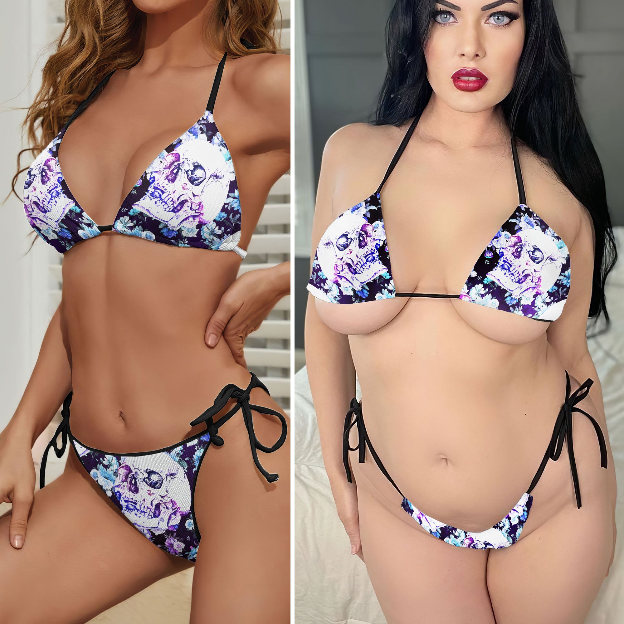 Purple Skull Floral Art Micro Triangle Bikini Swimsuit - Wonder Skull