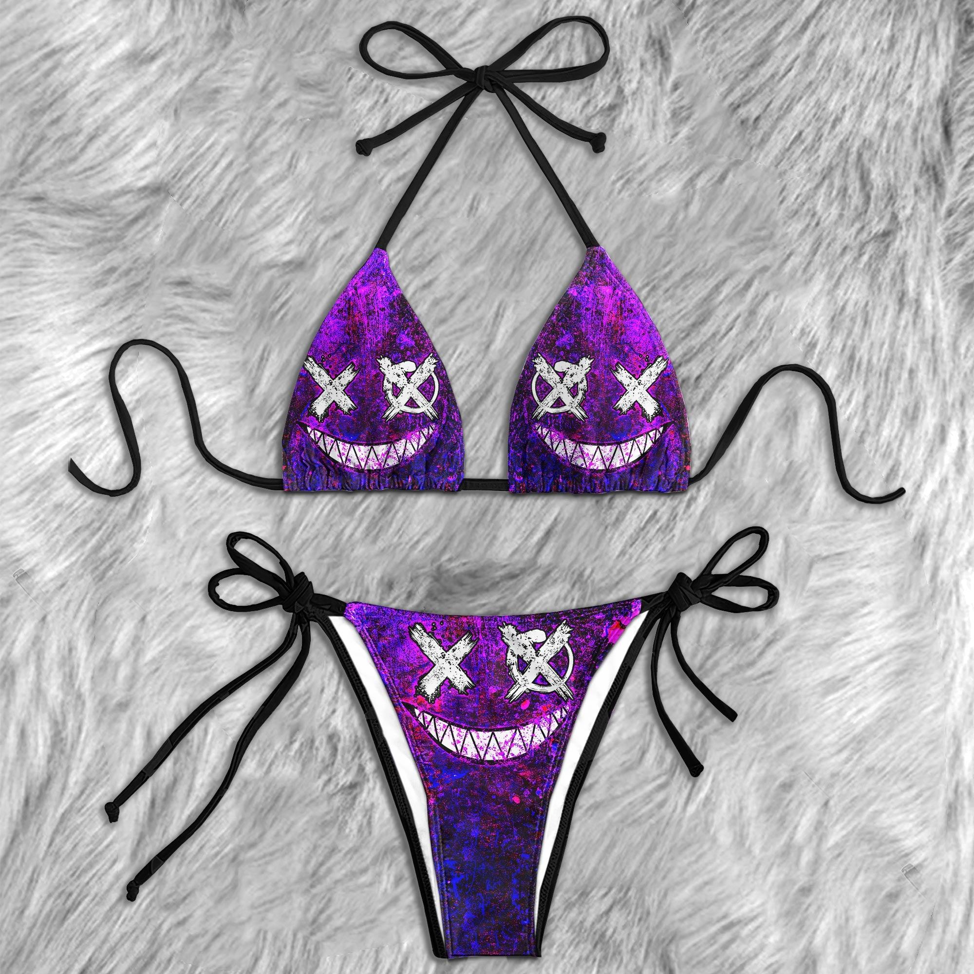 Purple Psycho Skull Micro Triangle Bikini Swimsuit - Wonder Skull
