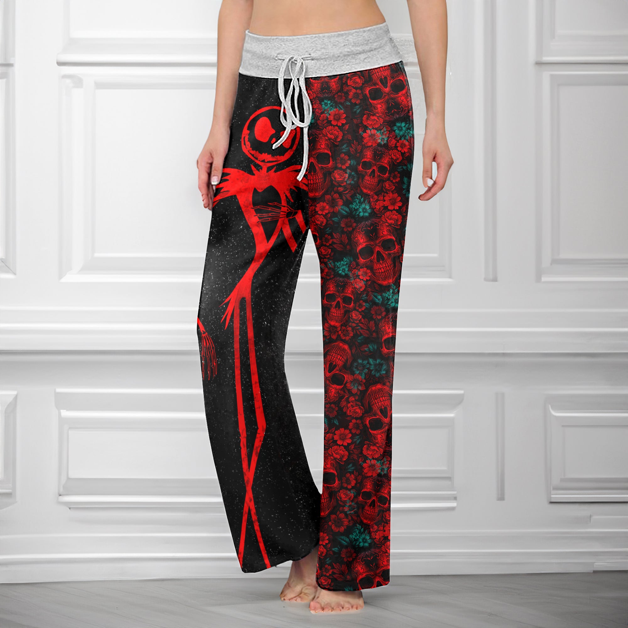 Red Skeleton Flower Art Women's High-waisted Wide Leg Pants