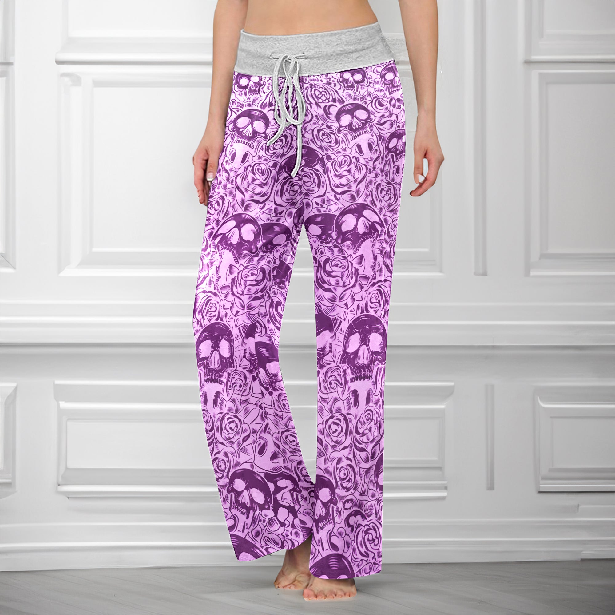 Purple Skull Pattern Gothic Women's High-waisted Wide Leg Pants