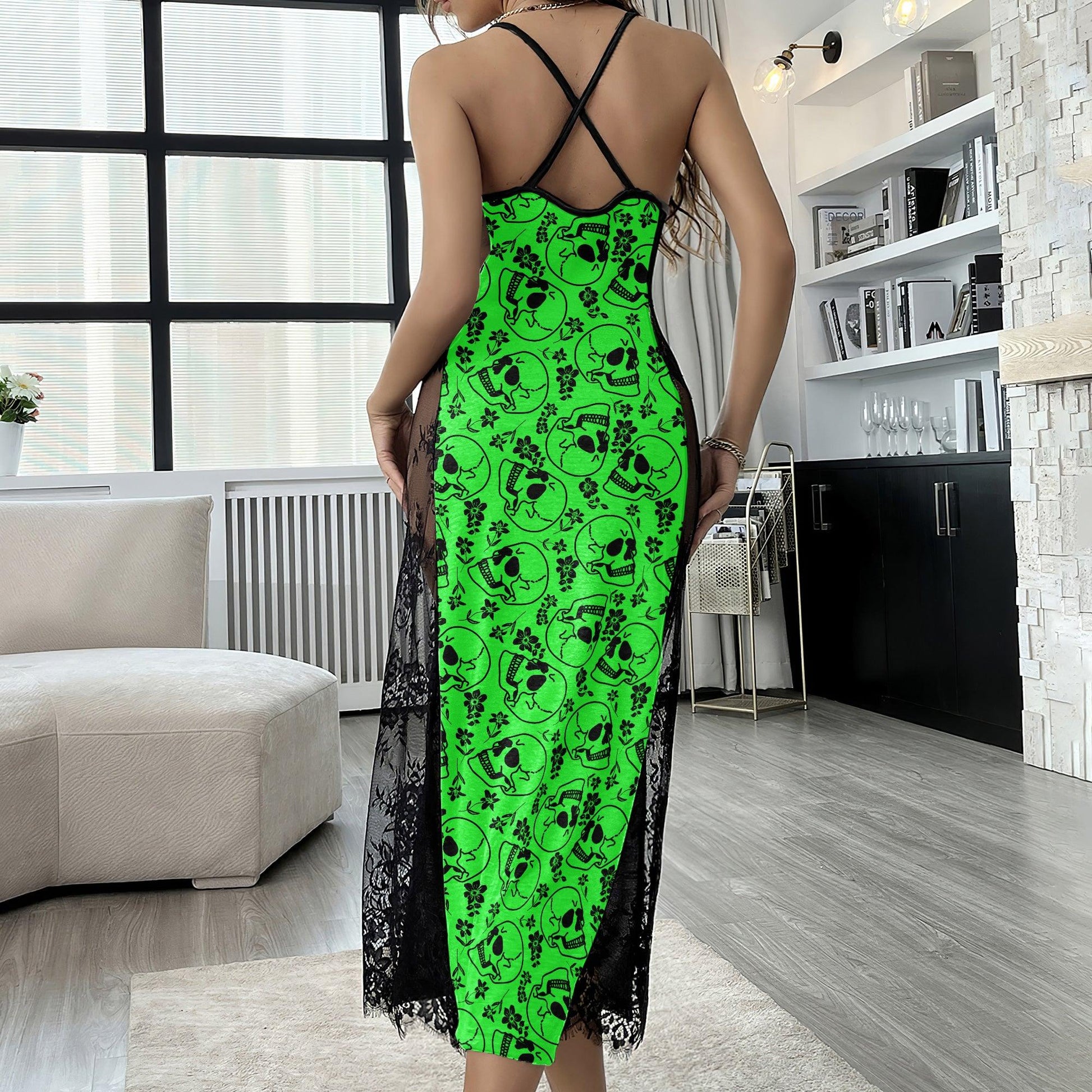Green Saphire Skull Rose Pattern Women's Lace Cami Sleepwear | Gothic, Punkrock, Lingerie for Women