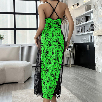 Green Saphire Skull Rose Pattern Women's Lace Cami Sleepwear | Gothic, Punkrock, Lingerie for Women