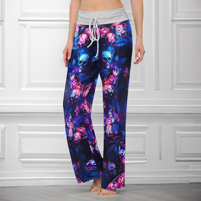 Neon Skull Butterfly Pattern Women's High-waisted Wide Leg Pants