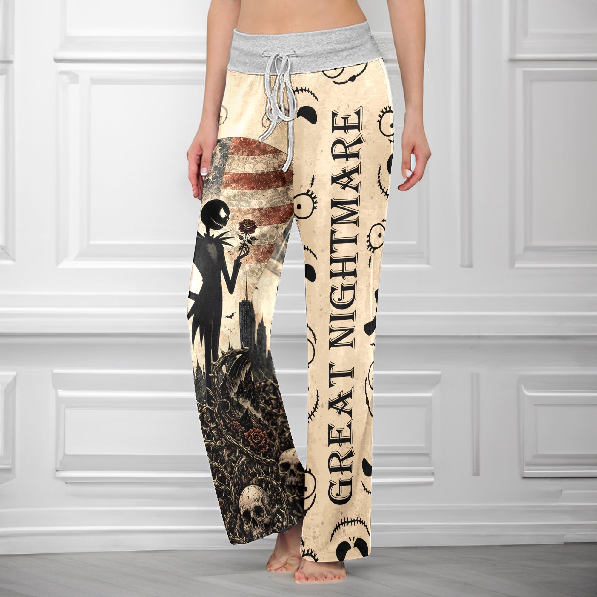Gothic American Skeleton Rose Women's High-waisted Wide Leg Pants
