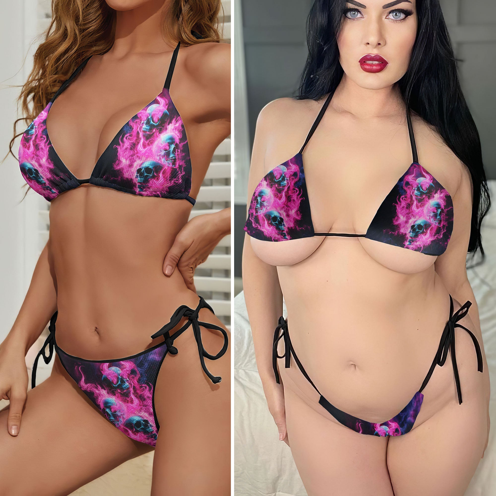 Pink Flaming Skull Art Micro Triangle Bikini Swimsuit