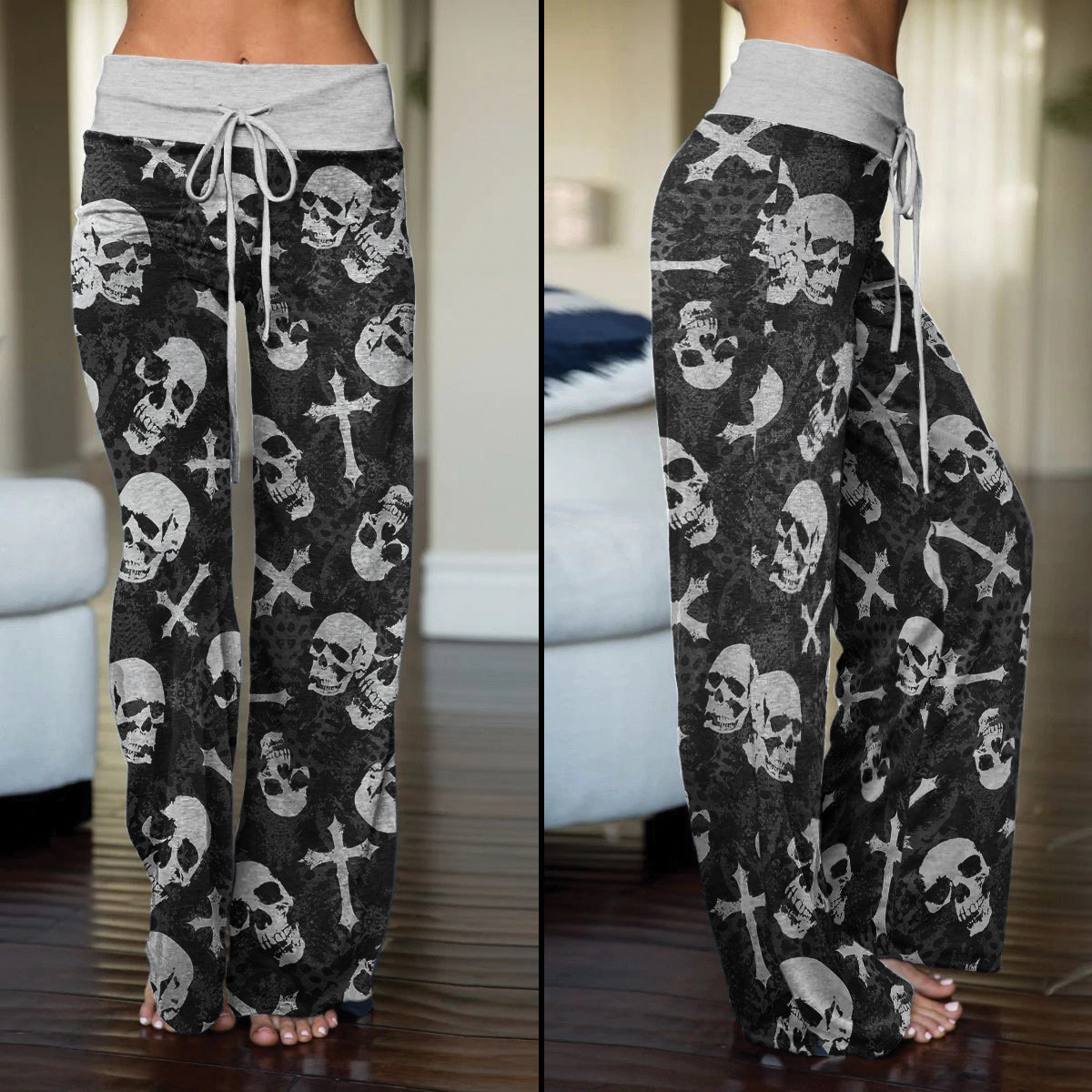 Black Skull Cross Gothic Women's High-waisted Wide Leg Pants | Wonder Skull
