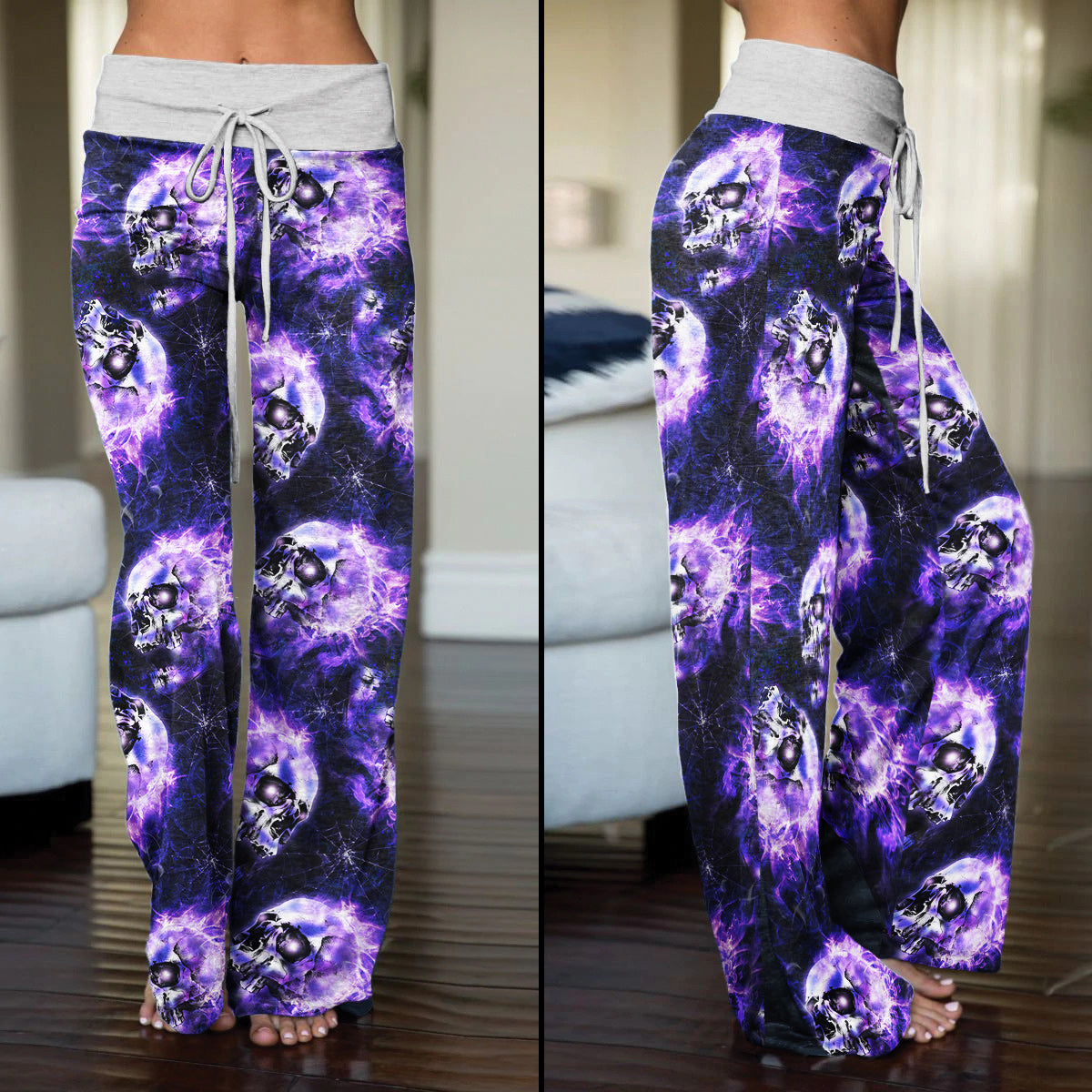 Skull Abstract Fire Purple Women's High-waisted Wide Leg Pants | Wonder Skull