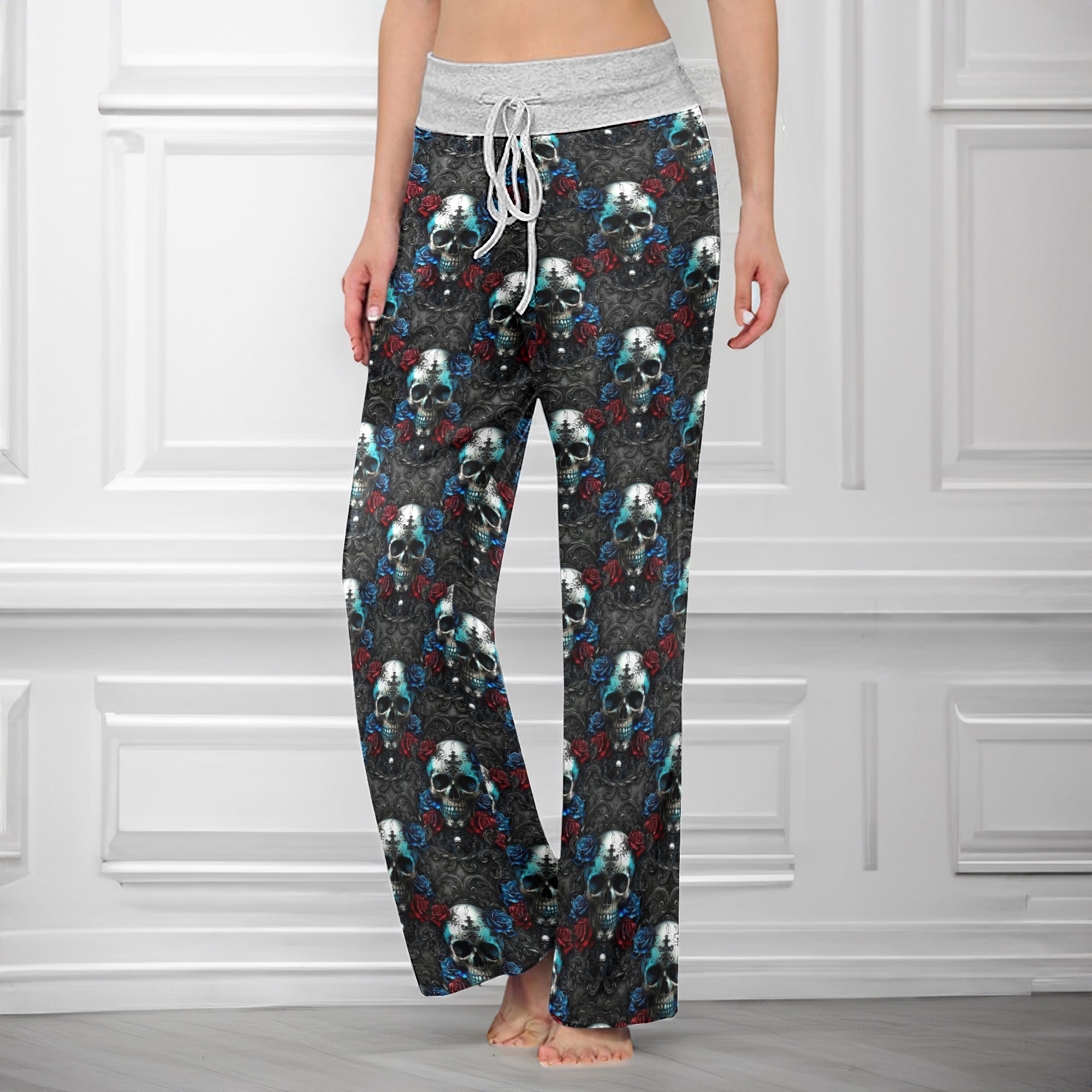 Shadowed Azure Skulls Women's High-waisted Wide Leg Pants