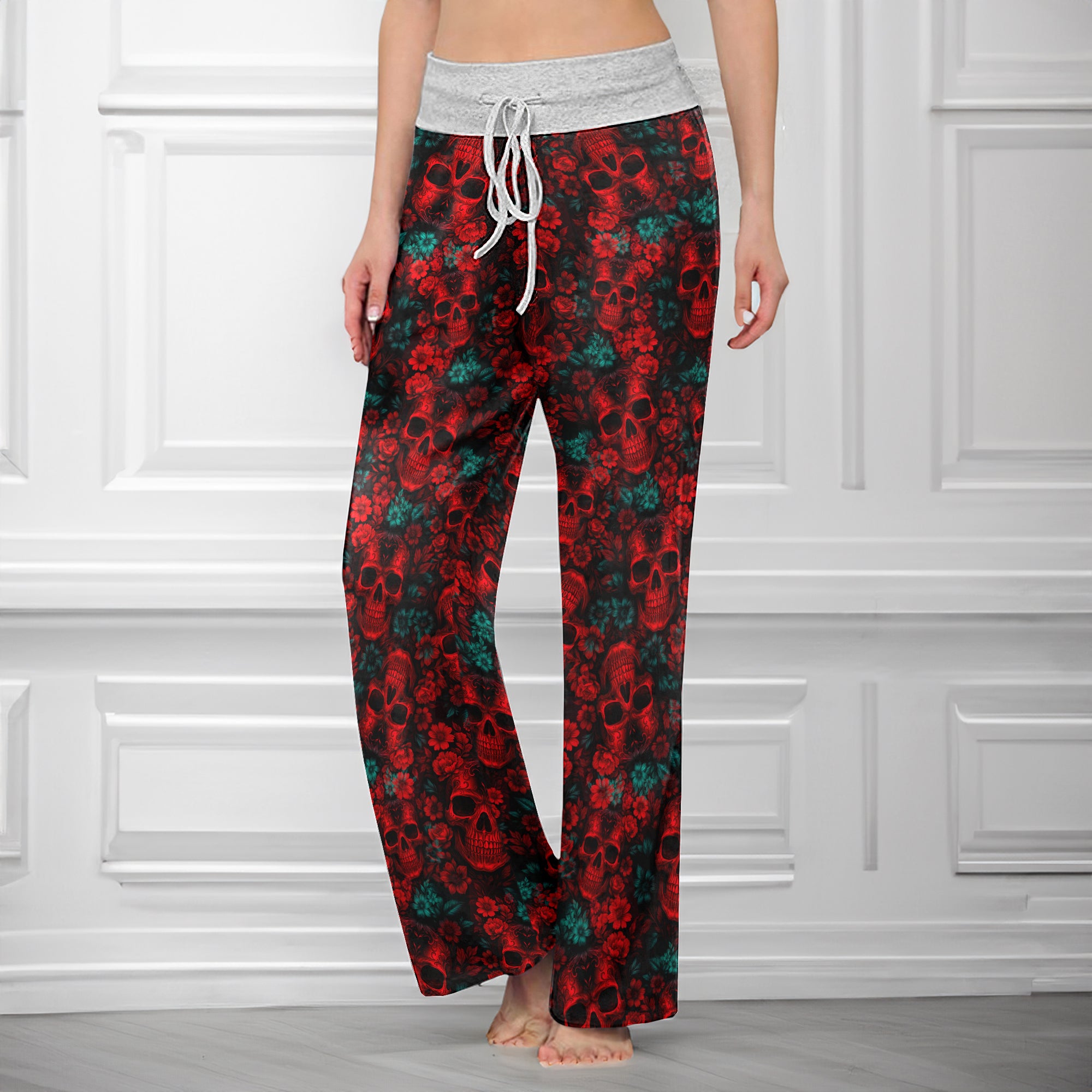 Red Seamless Skull Flower Women's High-waisted Wide Leg Pants