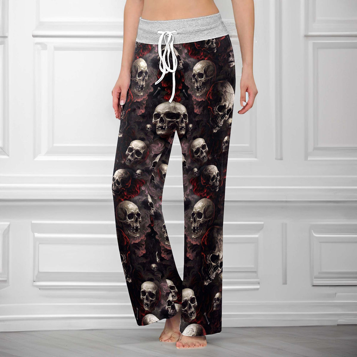 Dark Smoke Skulls Pattern Women's High-waisted Wide Leg Pants