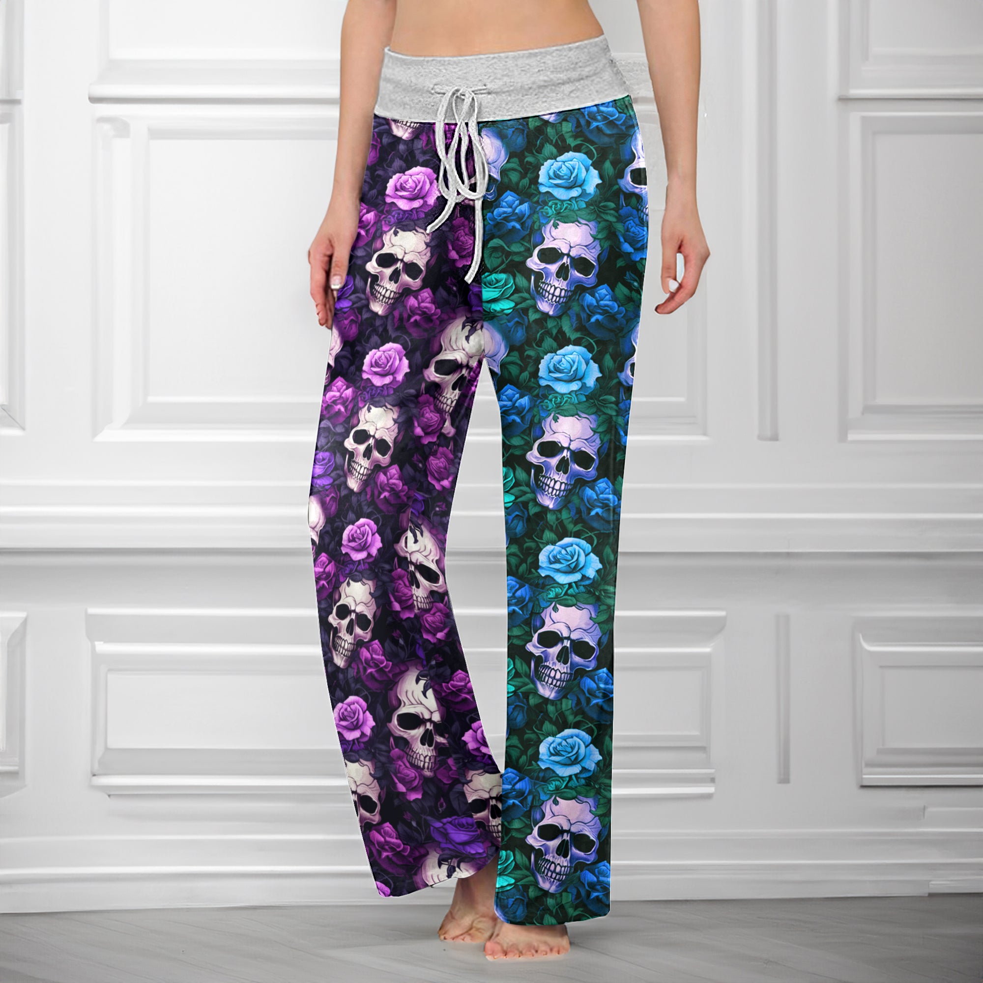 Royal Purple Skull Vines Women's High-waisted Wide Leg Pants
