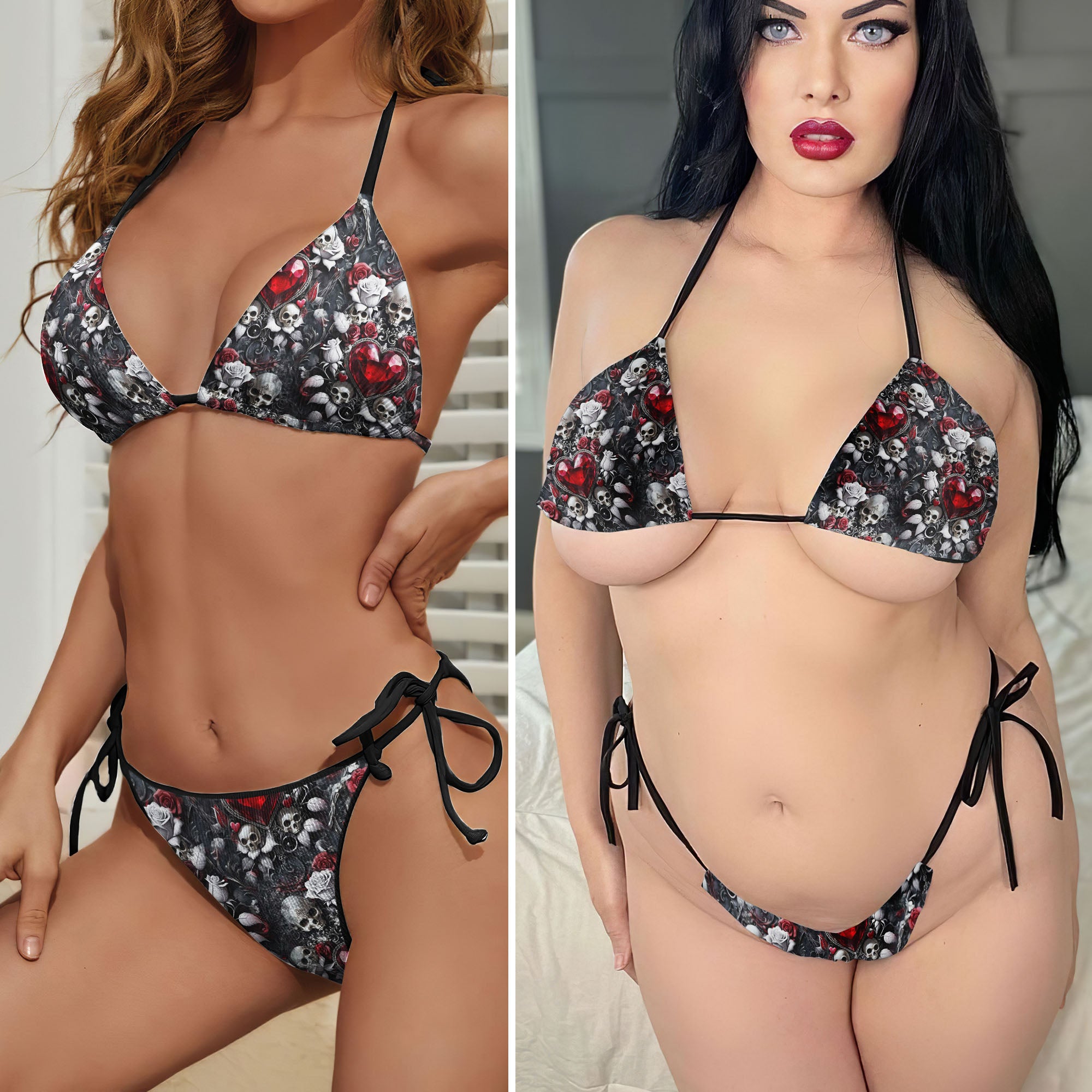 Gothic Skull Floral Pattern Micro Triangle Bikini Swimsuit