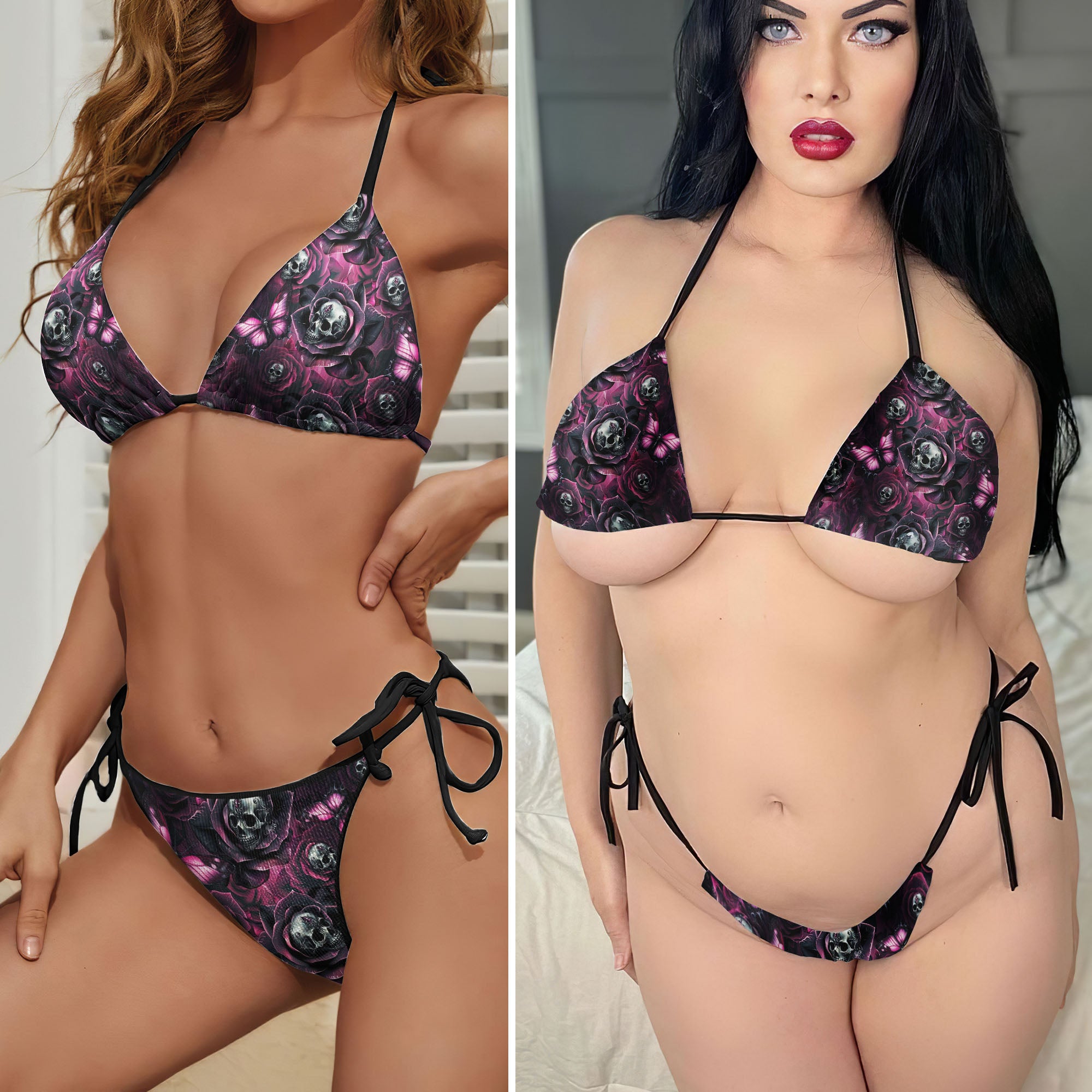 Neon Skull Rose Art Micro Triangle Bikini Swimsuit
