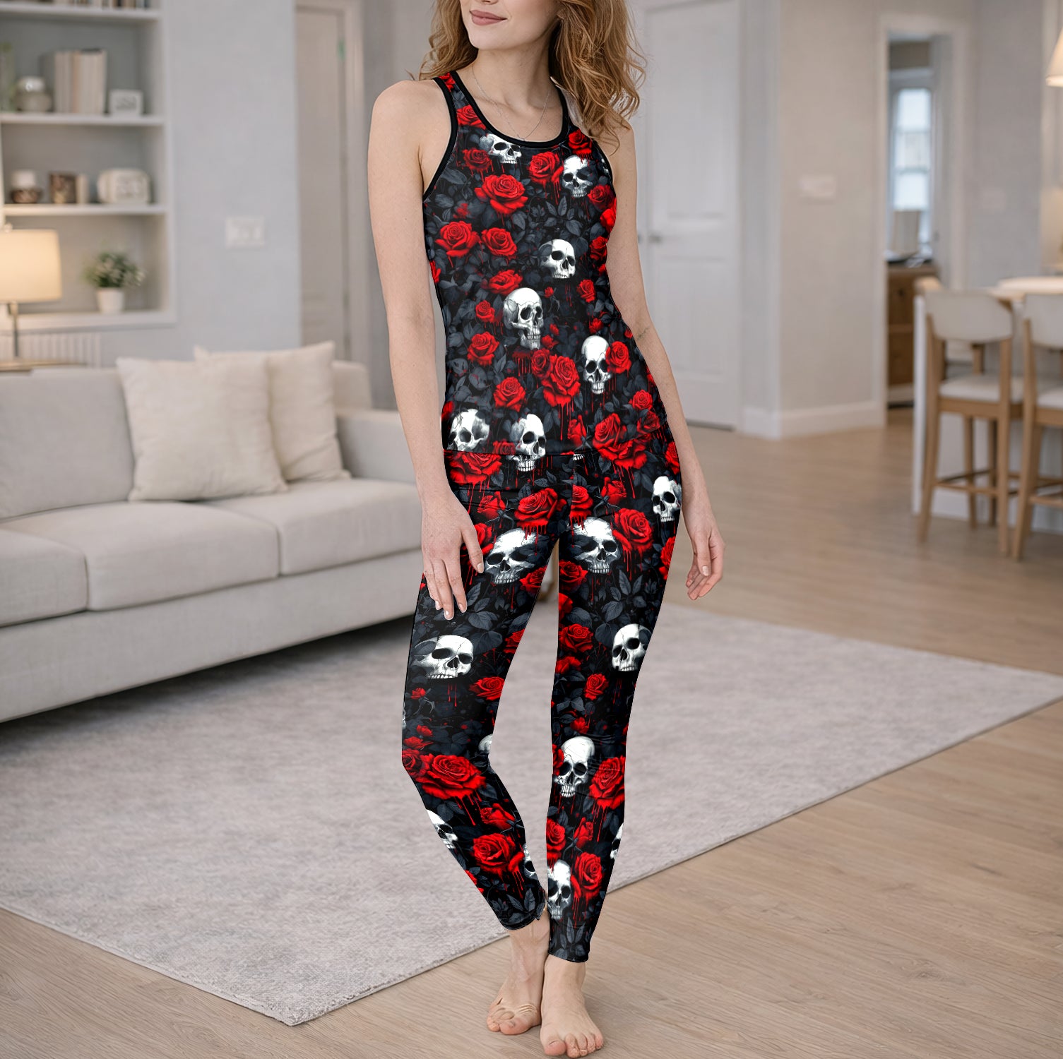 Filigree Skull Rose Pattern Tanktop and Leggings