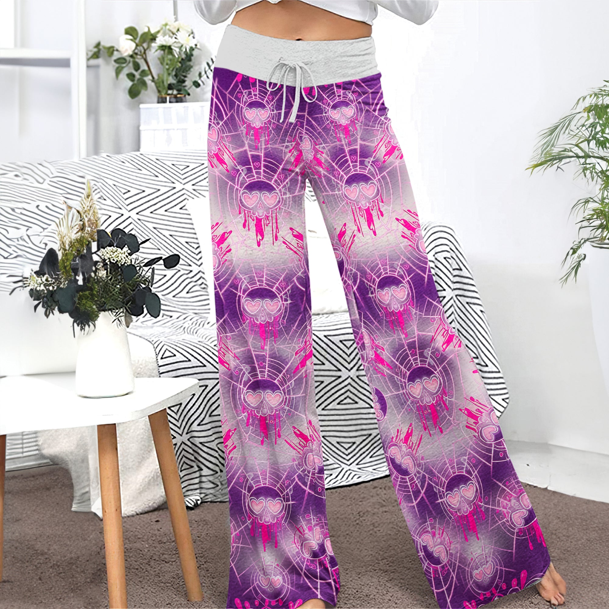 Pink Heart Skull Web Women's High-waisted Wide Leg Pants
