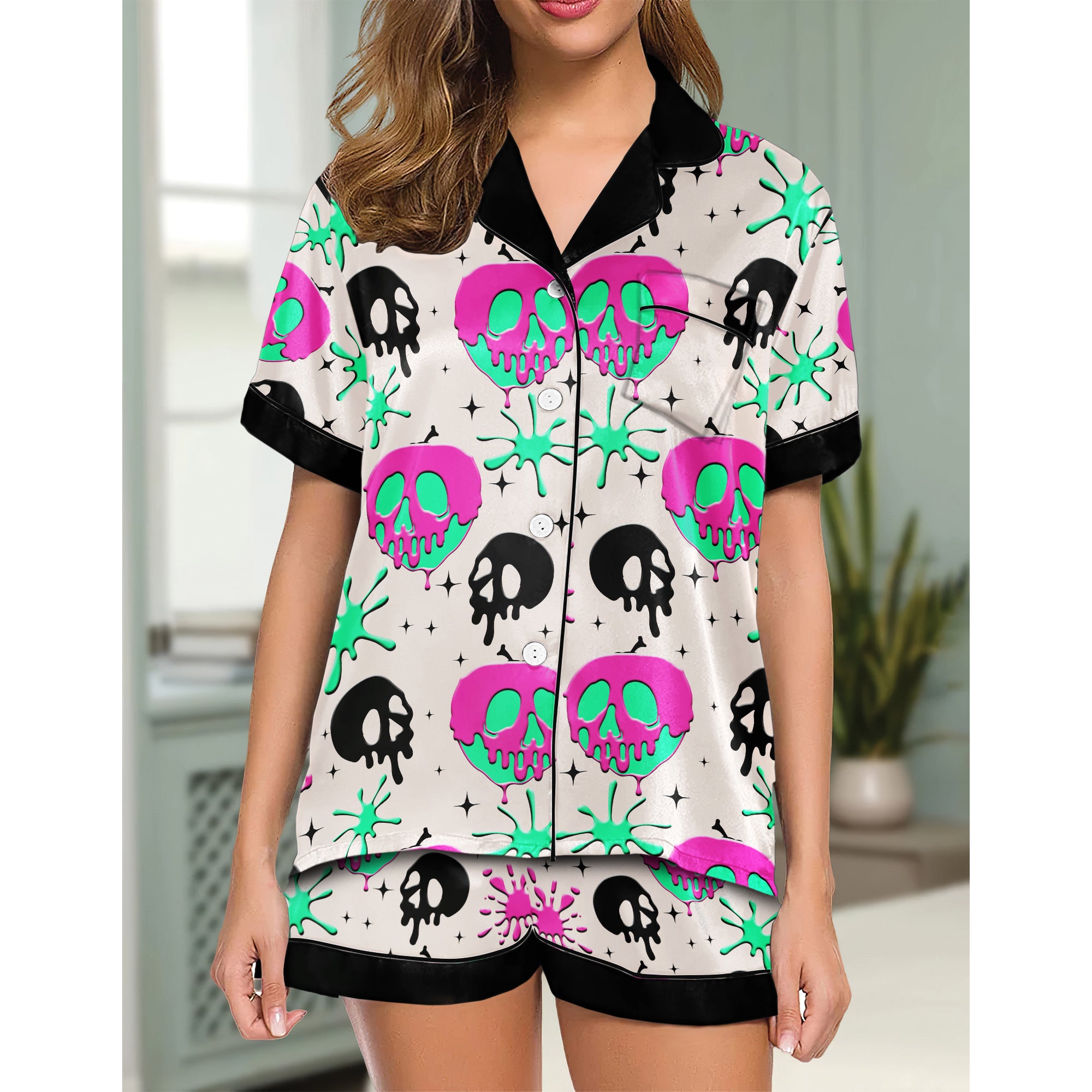 Chic and stylish women's pajama set with unique design prints and statement sleeves, Soft and luxurious fabrics make this pajama set perfect for bedtime or lounging at home.