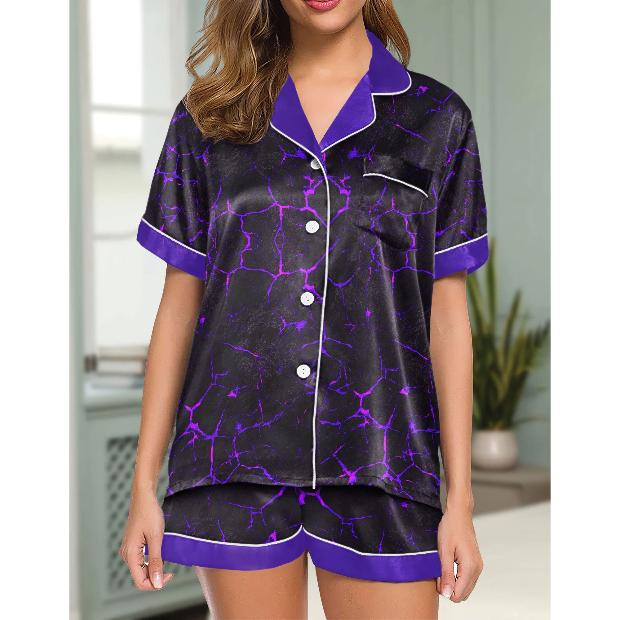 Chic and stylish women's pajama set with unique design prints and statement sleeves, Soft and luxurious fabrics make this pajama set perfect for bedtime or lounging at home.