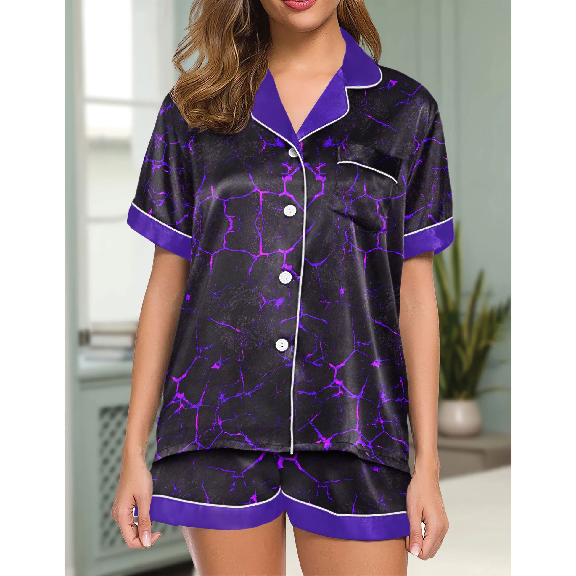 Chic and stylish women's pajama set with unique design prints and statement sleeves, Soft and luxurious fabrics make this pajama set perfect for bedtime or lounging at home.