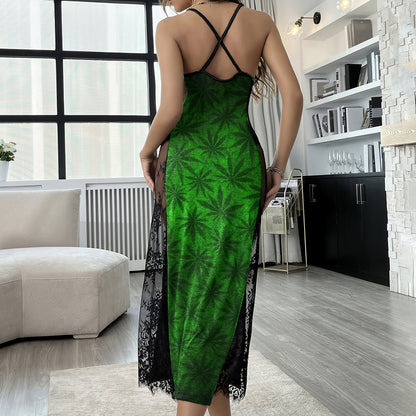 Green Leaf Skull Art Women's Lace Cami Sleepwear