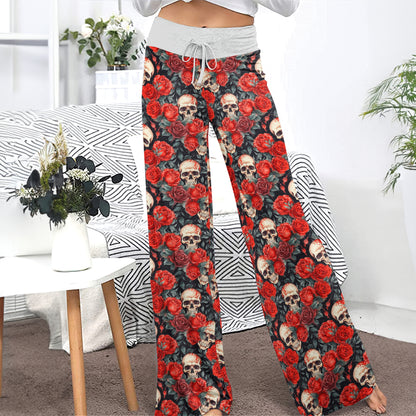Blood Red Skull Bloom Women's High-waisted Wide Leg Pants