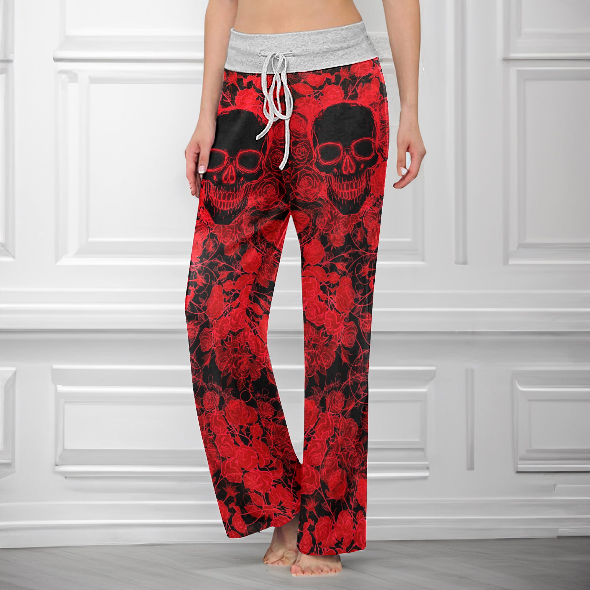 Red Neon Skull Rose Women's High-waisted Wide Leg Pants