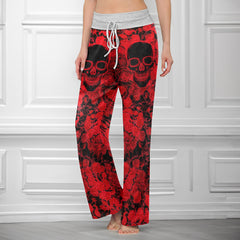 Red Neon Skull Rose Women's High-waisted Wide Leg Pants