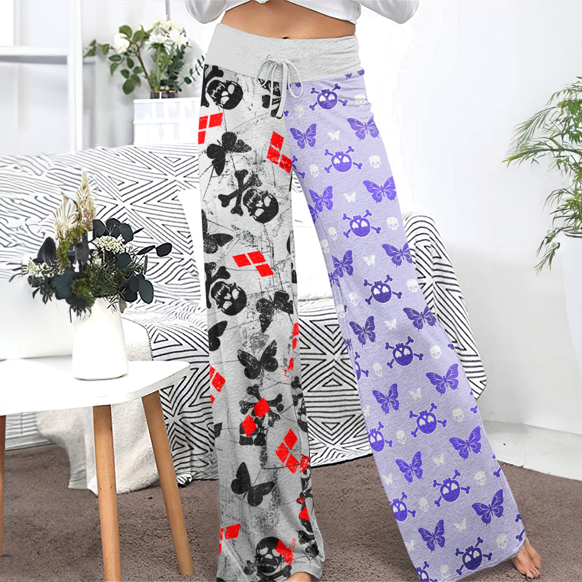 Pastel Skull Butterfly Diamond Women's High-waisted Wide Leg Pants