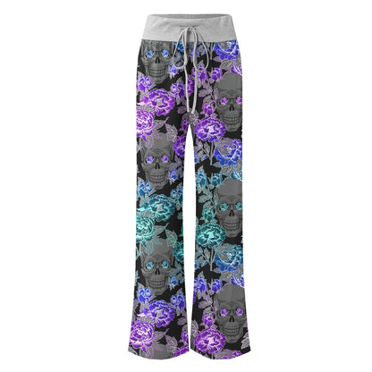 Floral Colorful Skull Women's High-waisted Wide Leg Pants | Wonder Skull