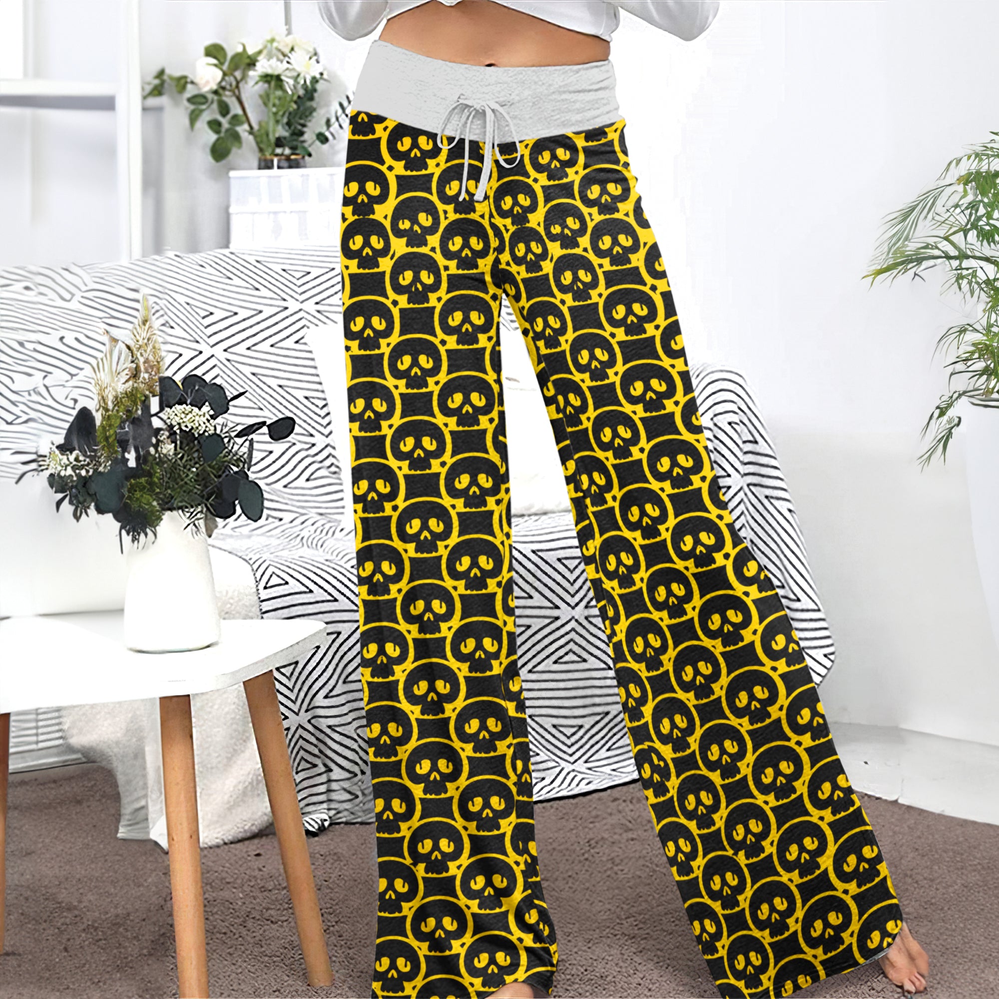 Bold Skull Yellow Pattern Women's High-waisted Wide Leg Pants