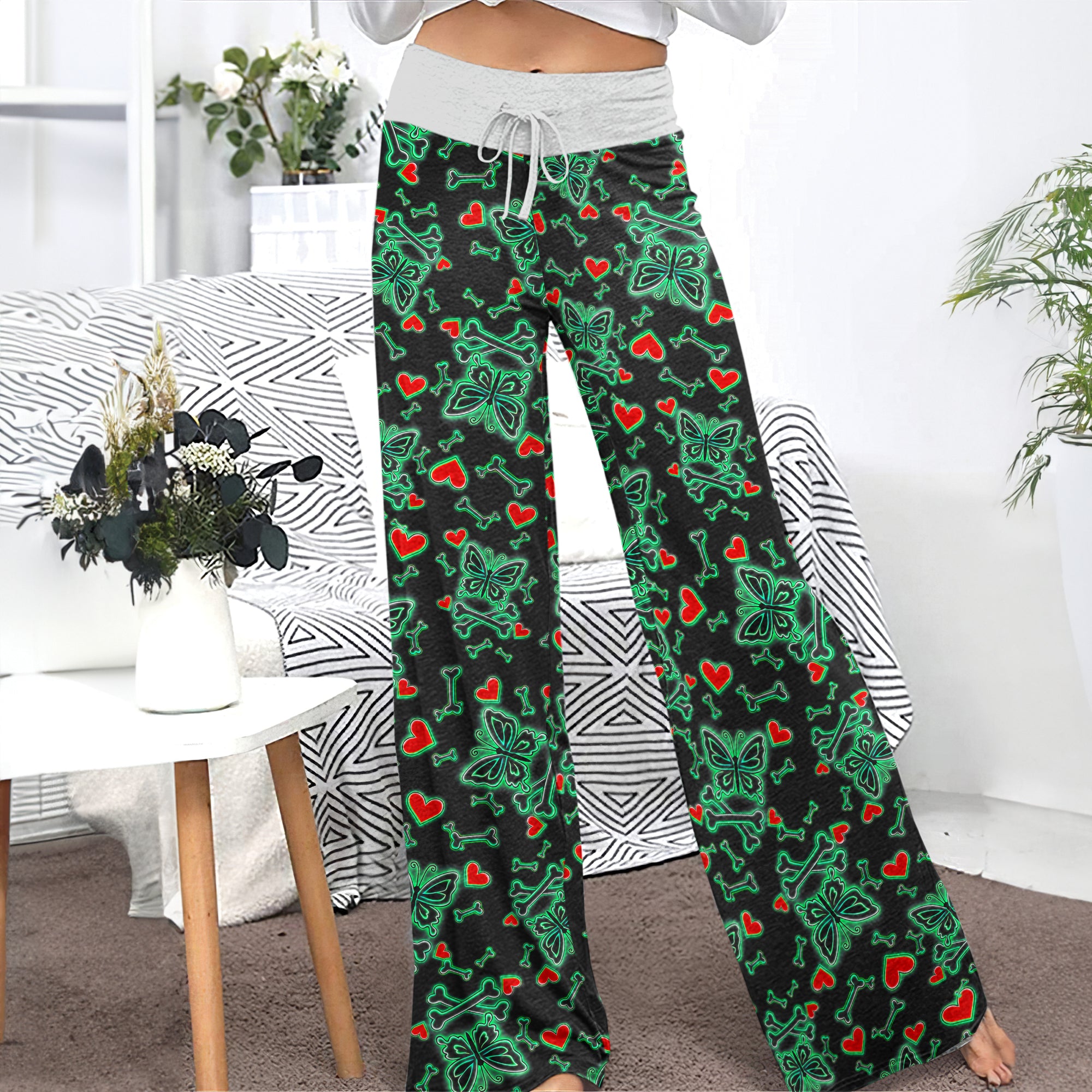 Midnight Glow Skulls Butterfly Women's High-waisted Wide Leg Pants