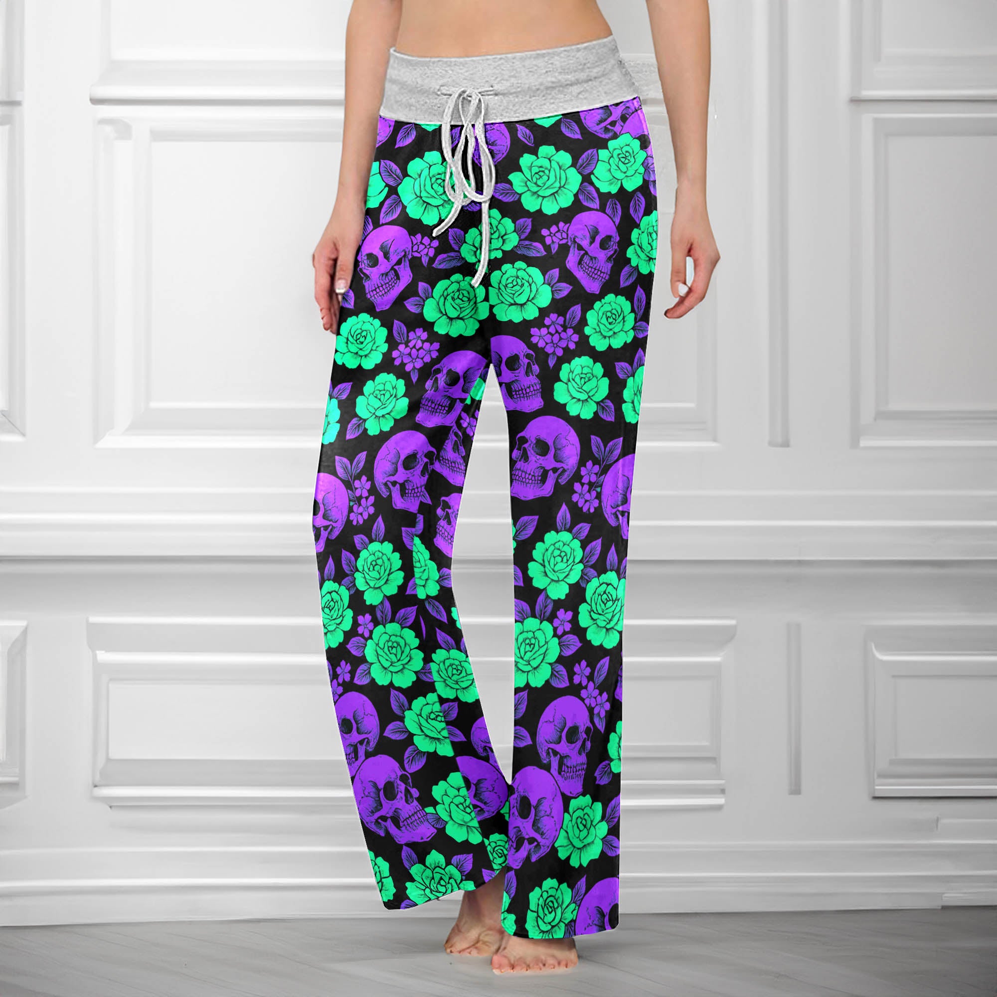 Neon Glowing Skulls Roses Women's High-waisted Wide Leg Pants