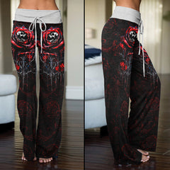 Rose Skull Silver Gothic Women's High-waisted Wide Leg Pants | Wonder Skull